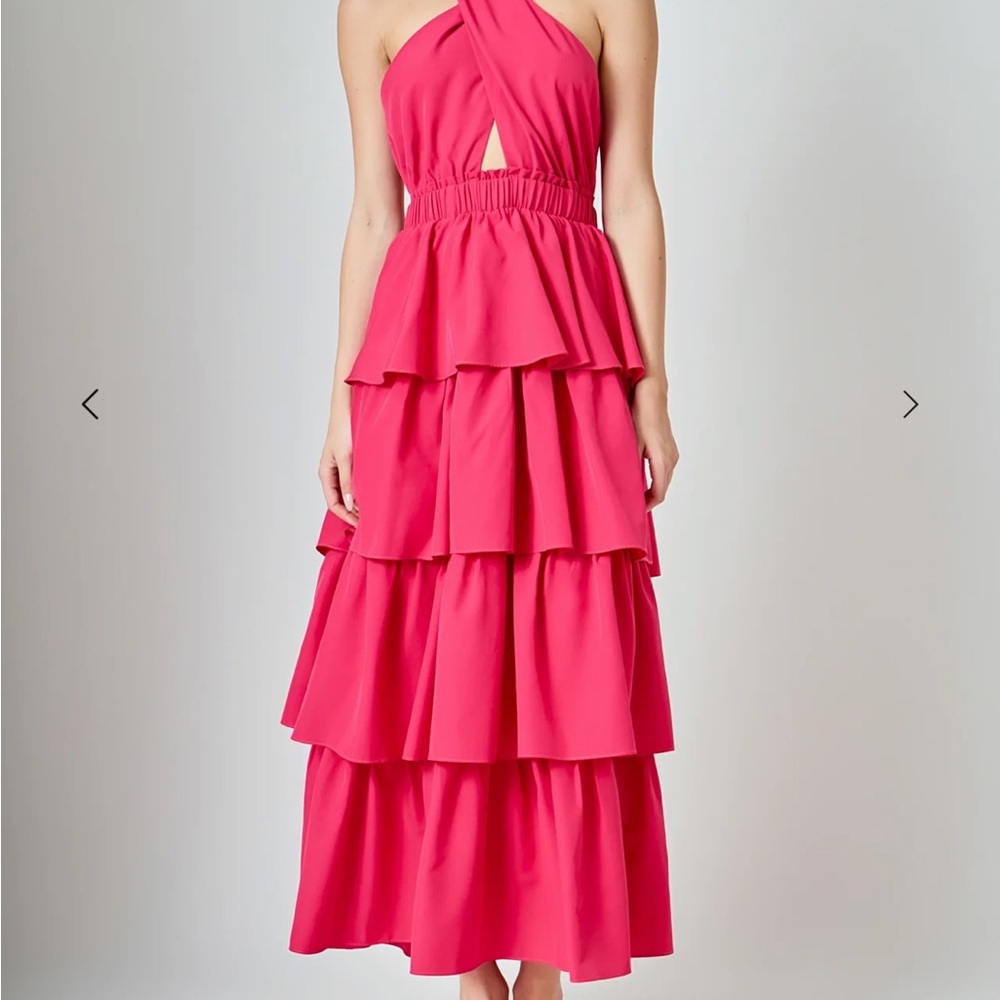 Endless Rose Hot Pink Tiered Ruffle Halter Midi Dress